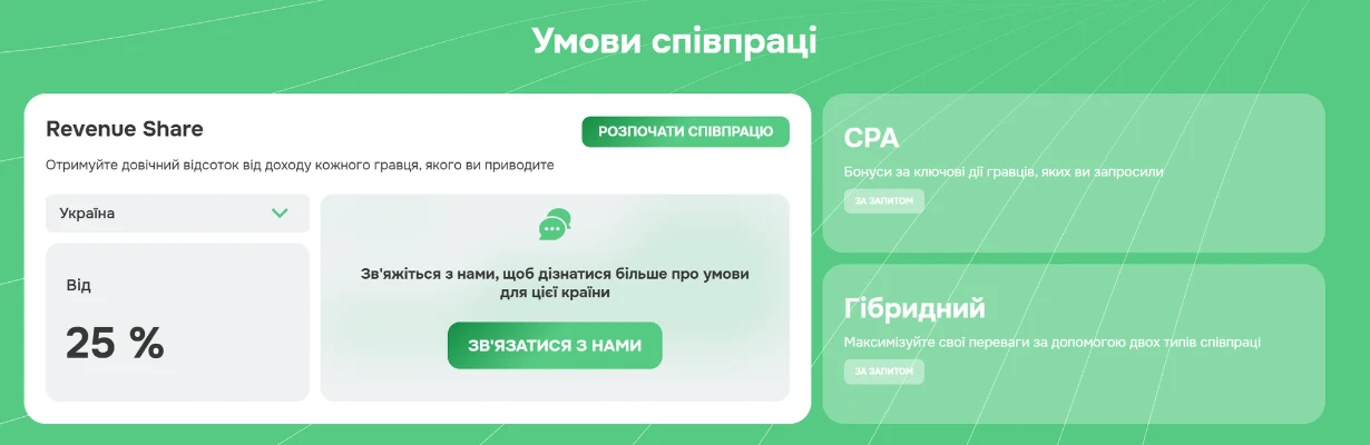 Умови співпраці Linebet: Revenue Share від 25%, CPA, Hybrid модель.